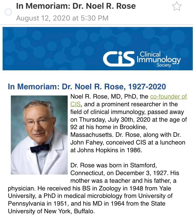 SCID - In Memoriam: Dr. Noel R. Rose, 1927-2020... | Facebook