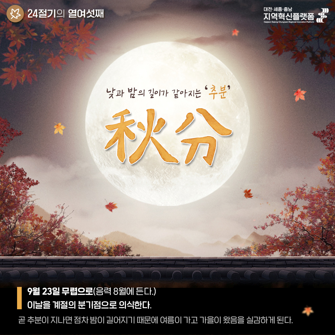🍂24절기의 열여섯째🍂 추분(秋分) 낮과 밤의 길이가 같아지는... - 대전・세종・충남 지역혁신플랫폼 | Facebook