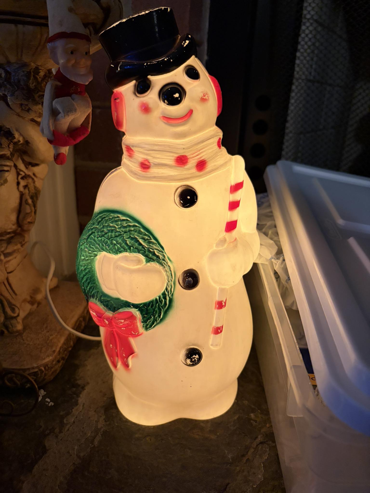 Vintage 1971 Empire snowman blow mold withstands New Jersey winter