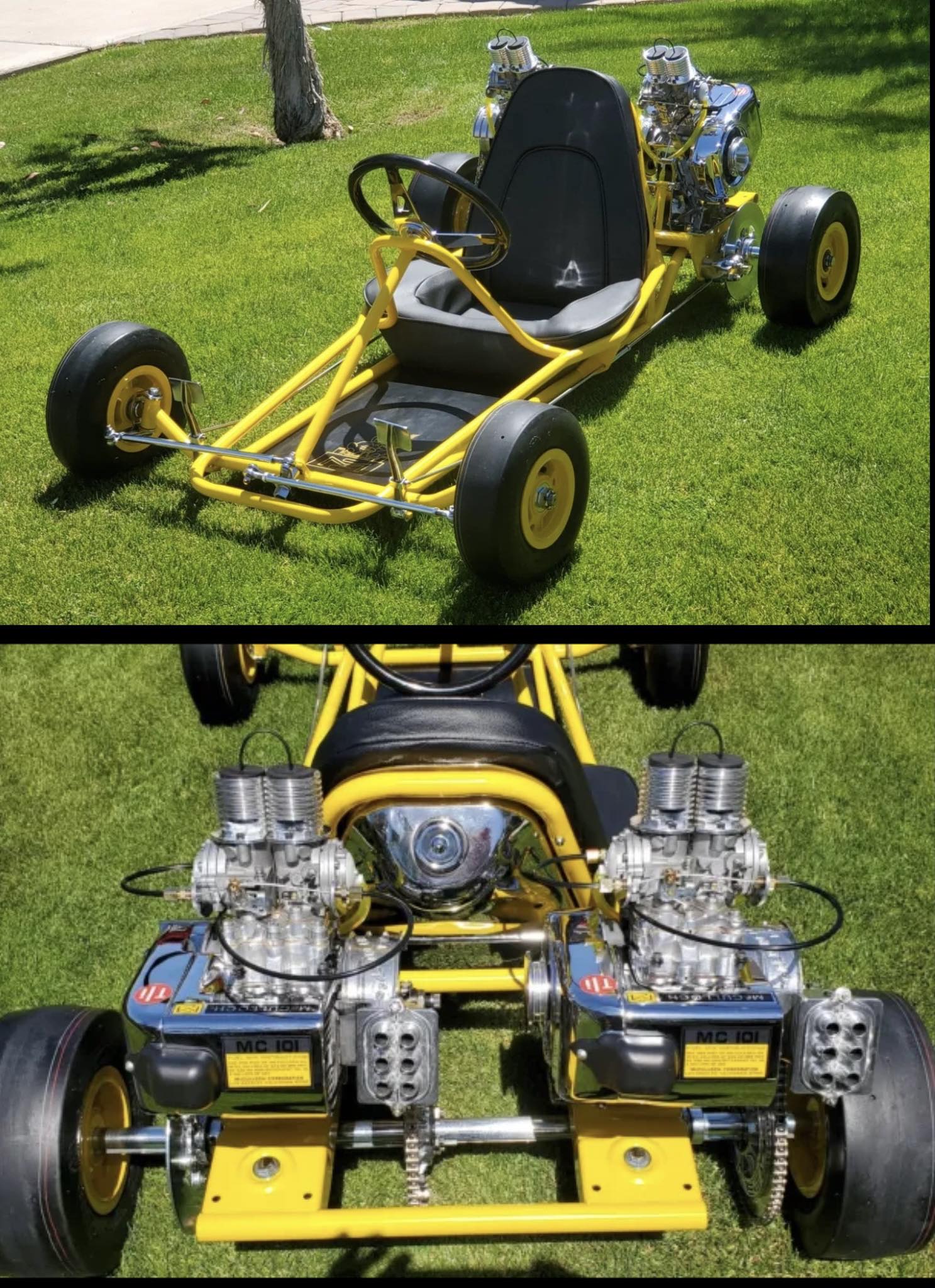 Vintage racing cart with twin McCulloch MC-10's at local car parts