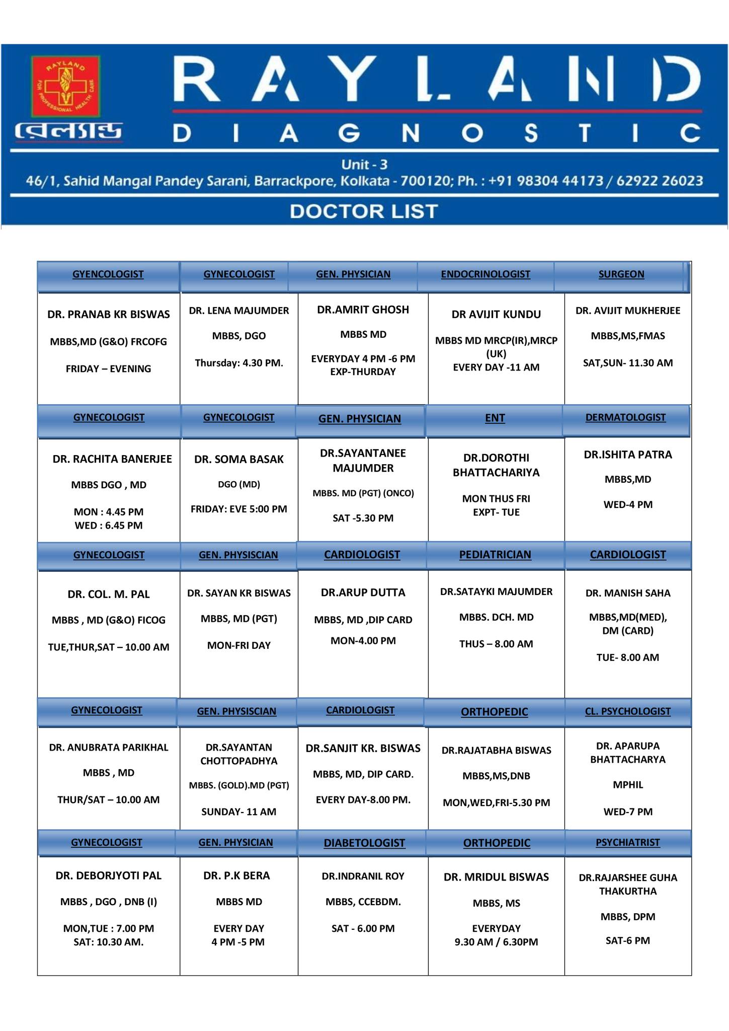 OPD DOCTOR LIST 2023 For booking... - Rayland Diagnostic | Facebook