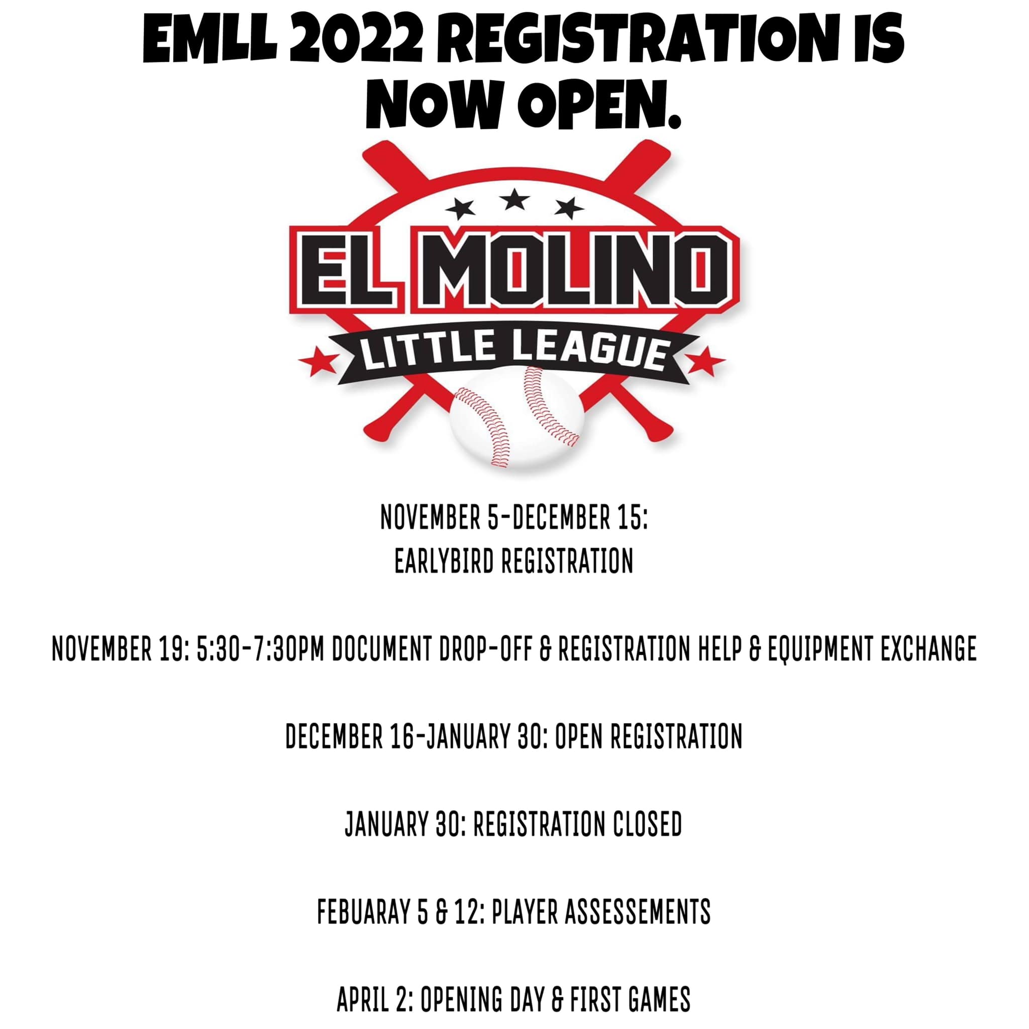 💥💥💥⚾️ EMLL IS OFFICIALLY NOW... - El Molino Little League | Facebook