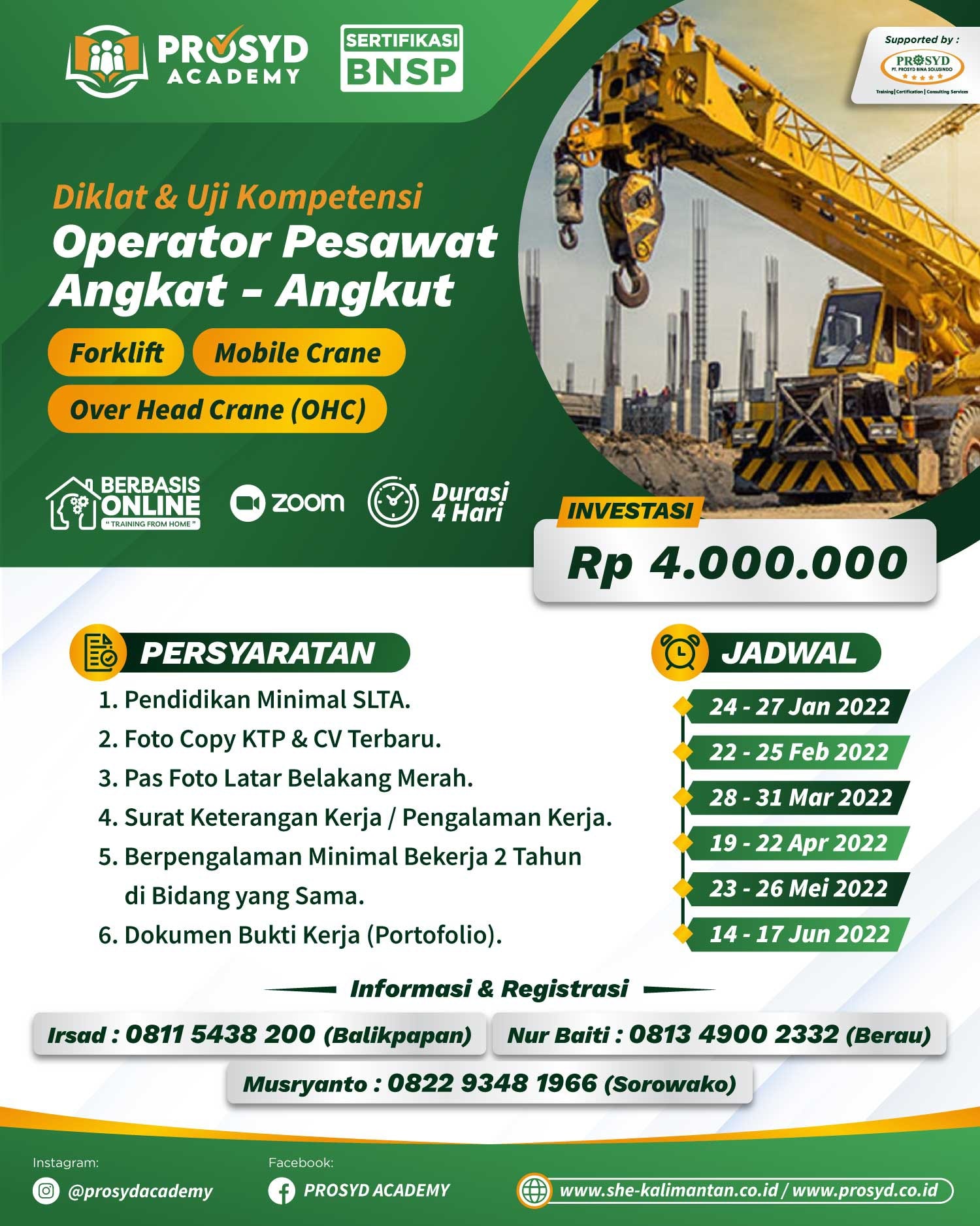 Prosyd Academy - OPERATOR FORKLIFT, CRANE, OHC & RIGGER UPDATE SCHEDULE ...
