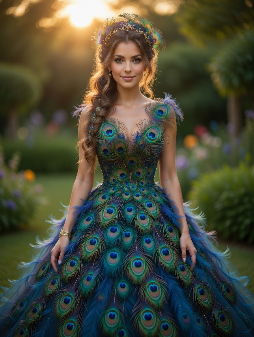 8k photo of an Panamanian queen wearing a peacock feathery haute couture feather dress, soft pink and teal colors, dress mADE of feathers, symmetry, in a peacock temple