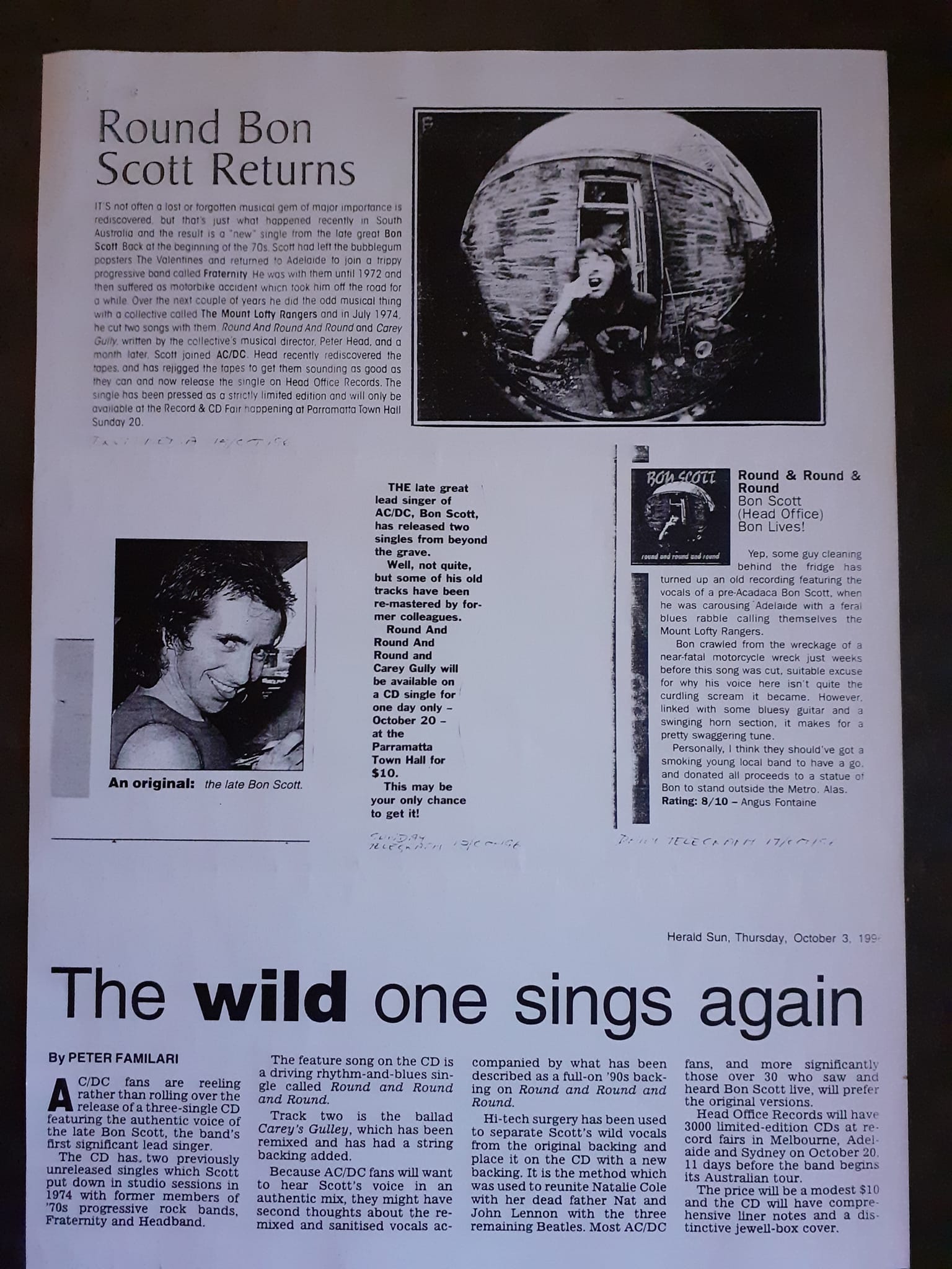 Various press cuttings and releases about the Bon Scott Round and 