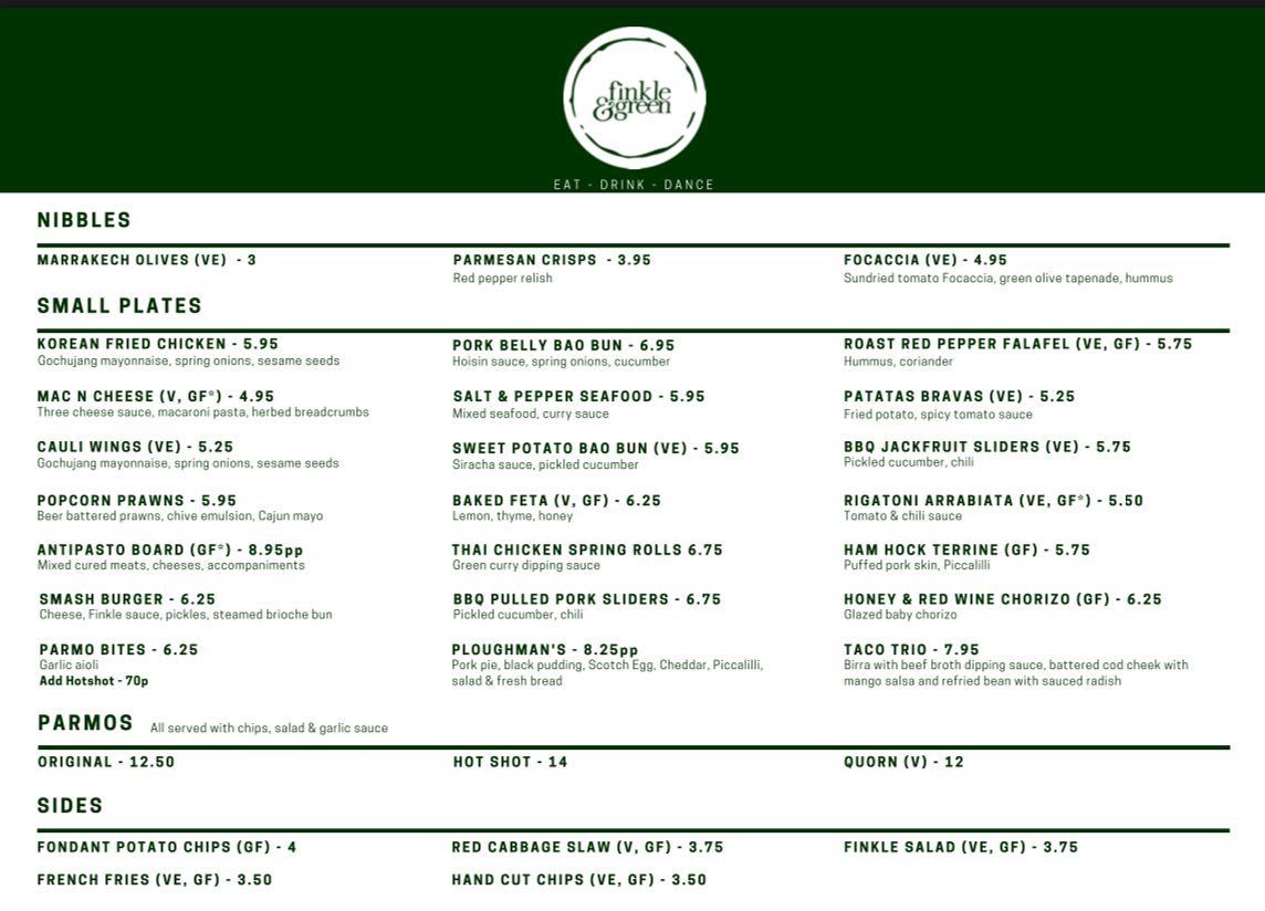 New menu day 🤩….... - Finkle and Green - Bar & Restaurant | Facebook