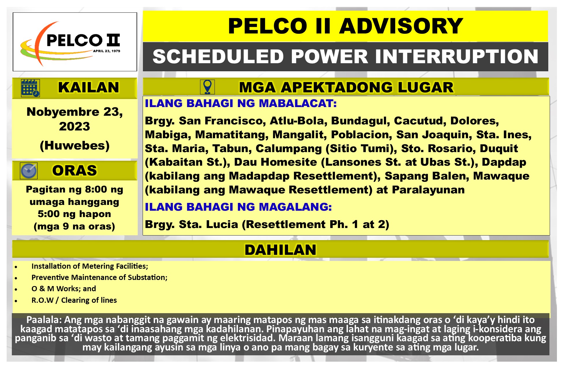 PELCO - PAUNAWA Ano: PELCO II Scheduled Power Interruption Kailan ...