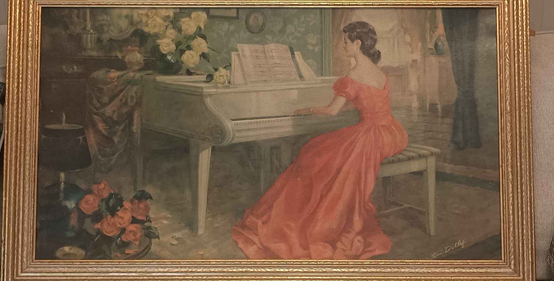 lady in red dress playing piano painting Vintage framed art print by Antoni Ditlef depicts a woman a a white grand piano. The piece is housed in an ornate gold-toned wooden frame with decorative carvings Vintage Wedding Dresses Online