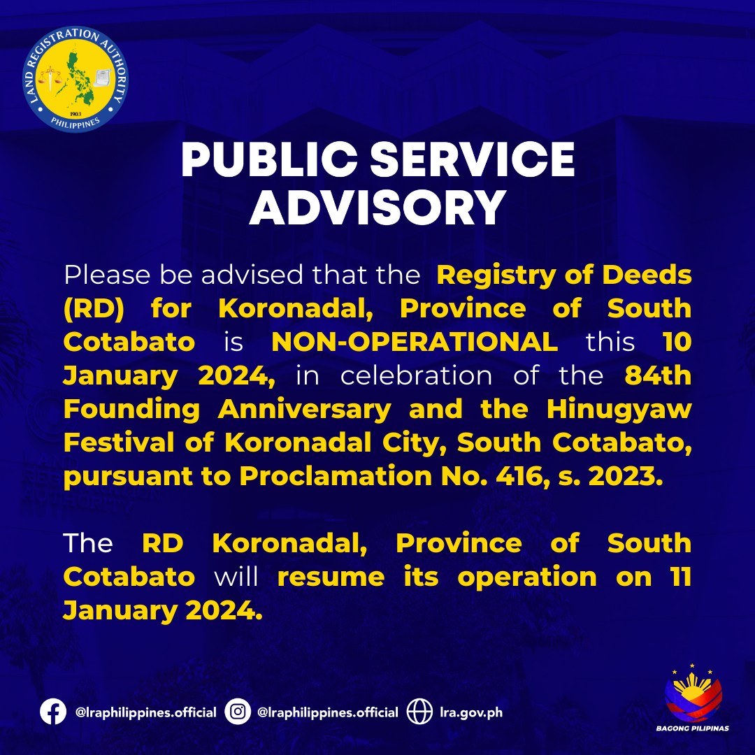 Land - 𝗣𝗨𝗕𝗟𝗜𝗖 𝗦𝗘𝗥𝗩𝗜𝗖𝗘 𝗔𝗗𝗩𝗜𝗦𝗢𝗥𝗬 Please be advised that the 𝗥𝗲𝗴𝗶𝘀𝘁𝗿𝘆 𝗼𝗳 ...
