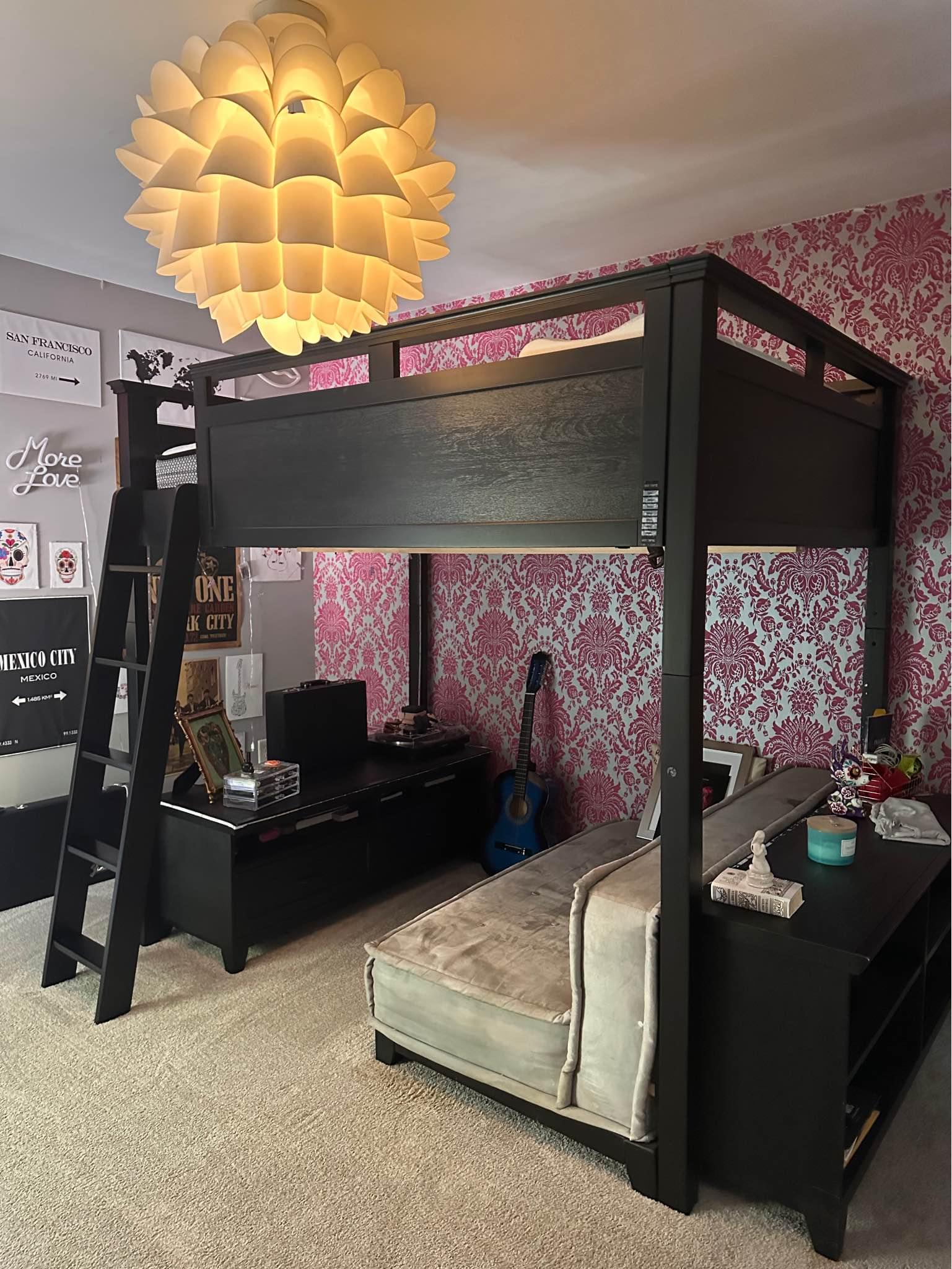 Hampton Full Loft Bed with Cushy Loveseat, Media Bookcase Set
