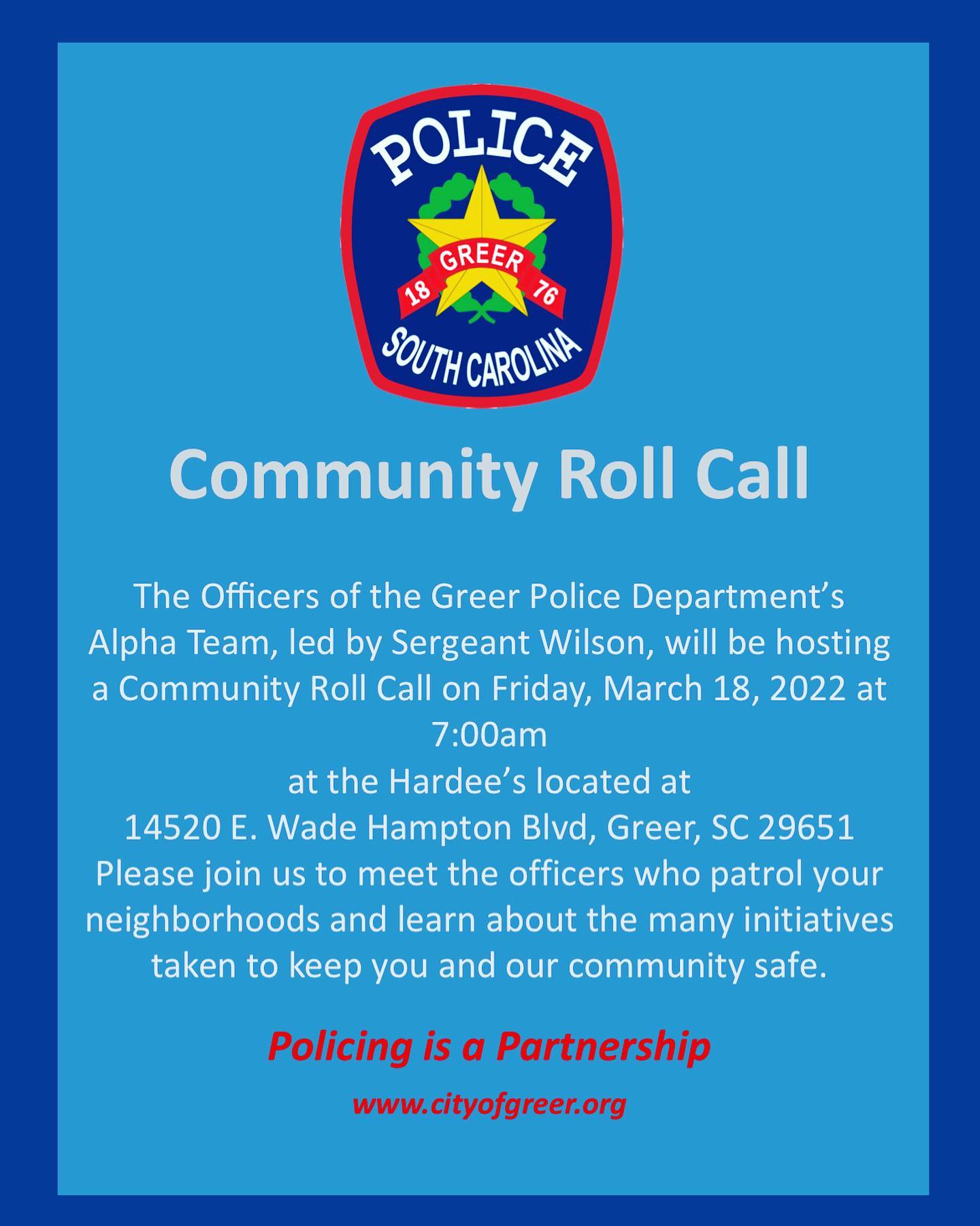 Greer - We hope you can join our officers for this event. City of Greer ...
