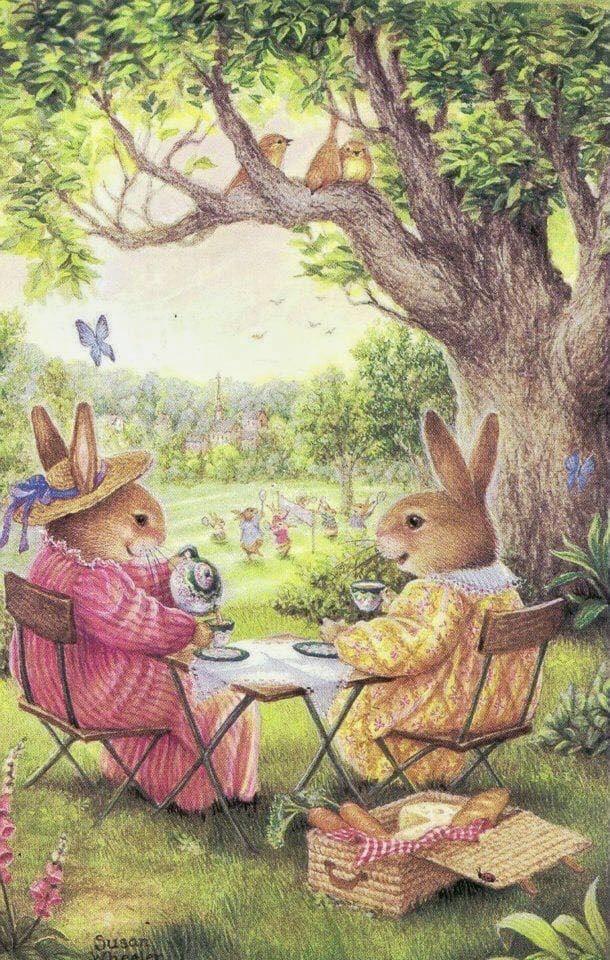 絵画原画（アンアリスのtea time）陽だまりの花と動物達　ファンシーART Tea art bunnies having a picnic tea in the park sue to the