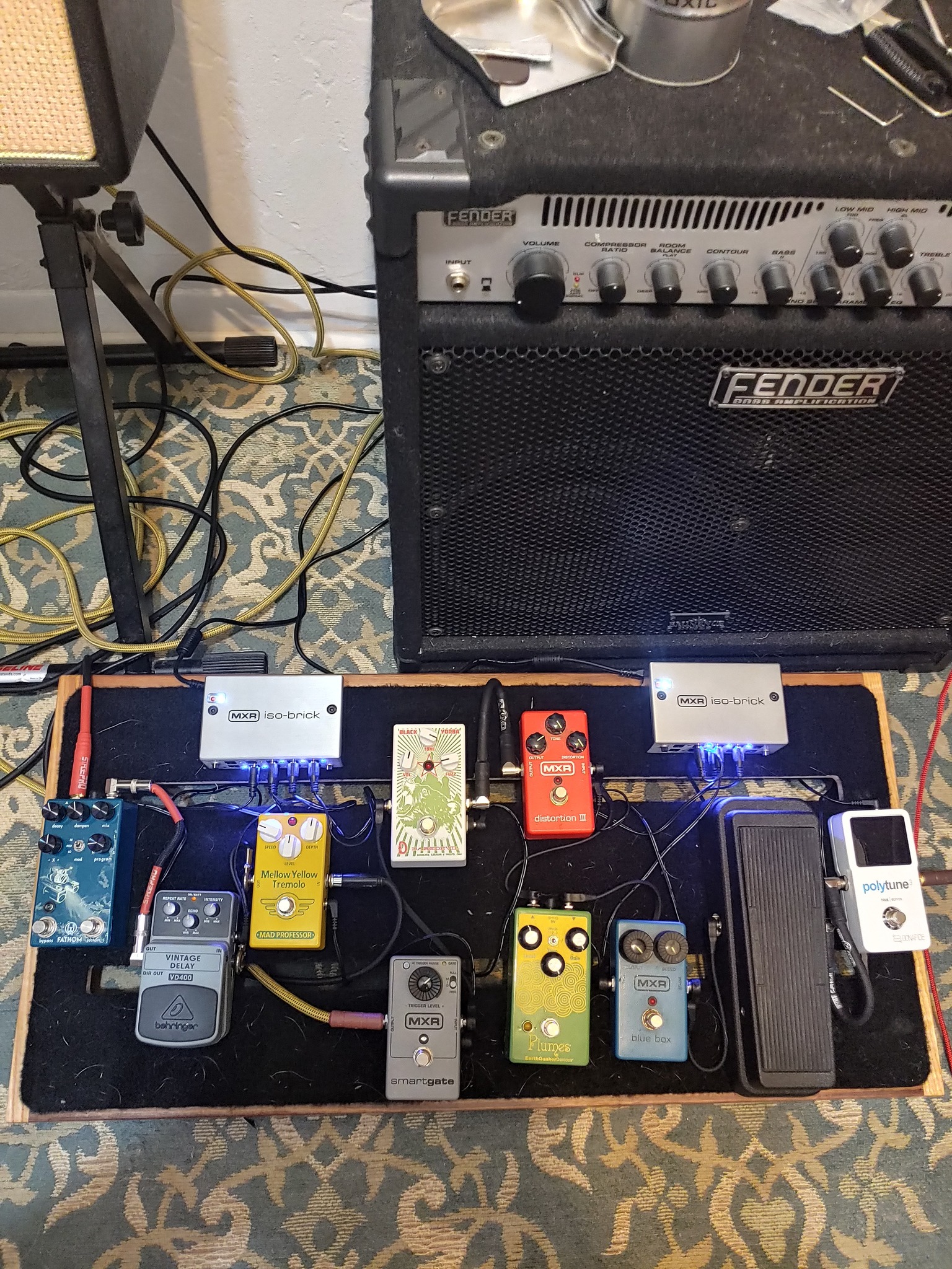 Pedalboard setup with Roger Mayer fuzz boxes and other equipment