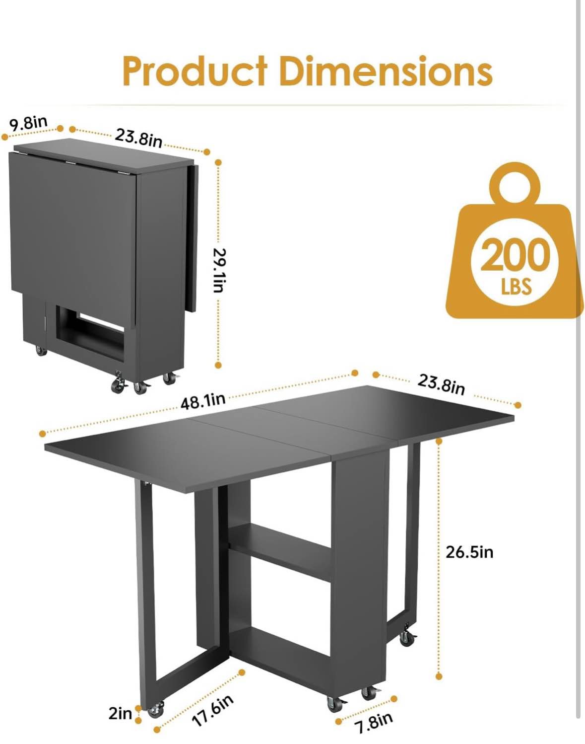 LotFun Folding Dining Table with 2 Storage Racks, Space Saving Dining ...