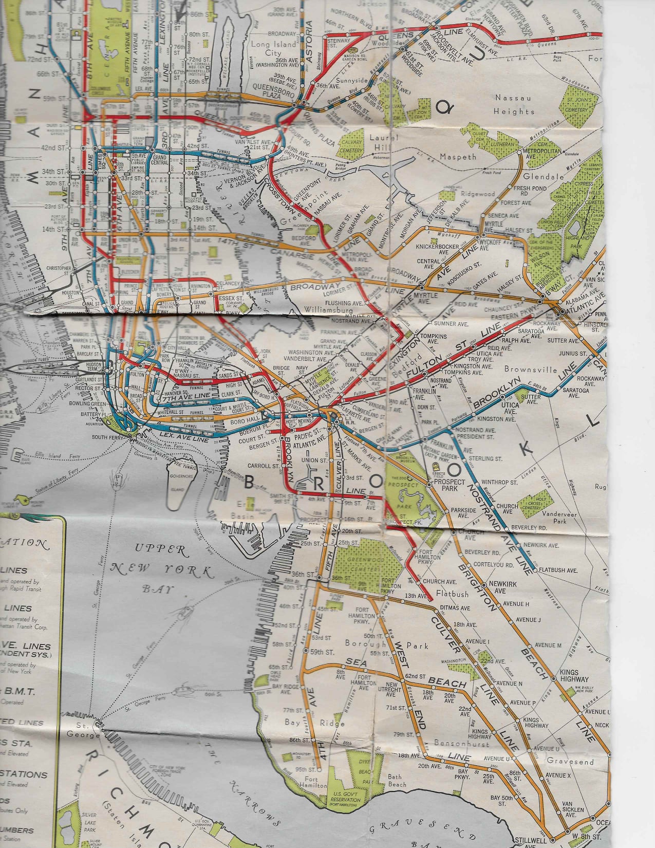 Lower Manhattan and Brooklyn portion of the 1939 BMT Lines map 