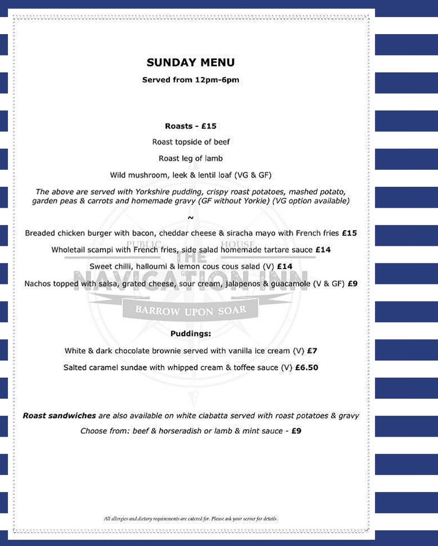 Sunday’s menu is up! We have some big... - The Navigation Inn
