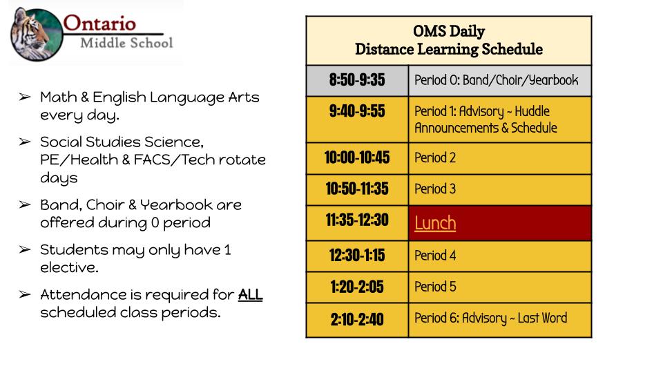 OMS Daily Schedule for... - Ontario Middle School | Facebook