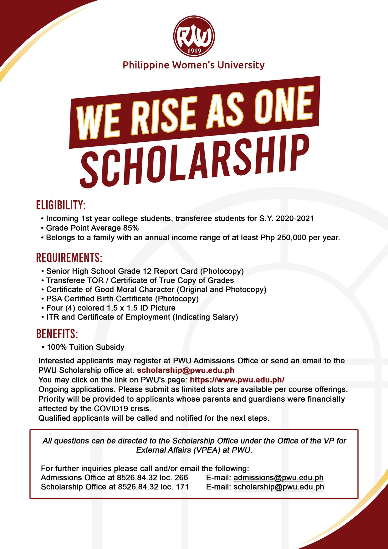 For further details,... - Philippine Women's University - PWU