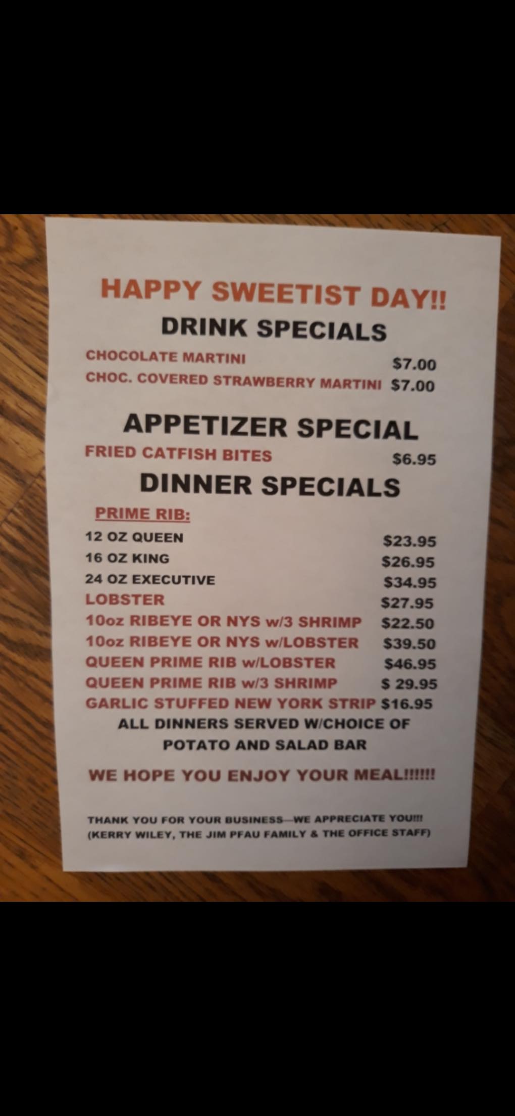 Wedron Office - UPDATED SWEETEST DAY MENU FOR TONIGHT!