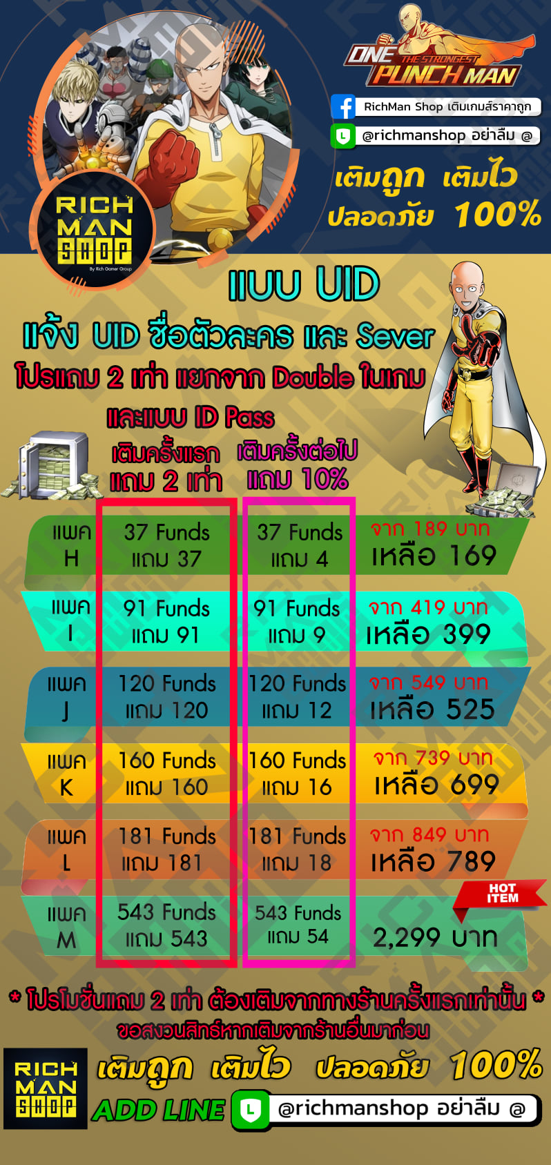 ONE PUCNH MAN ระบบ UID X 2... - RichMan Shop เติมเกมส์ราคาถูก | Facebook