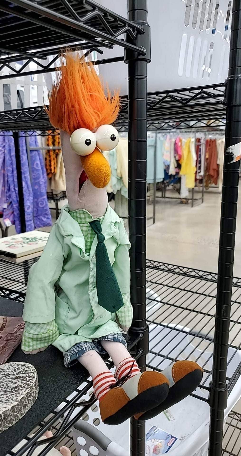 Erik showing off his new full scale Beaker from the Muppets plush!