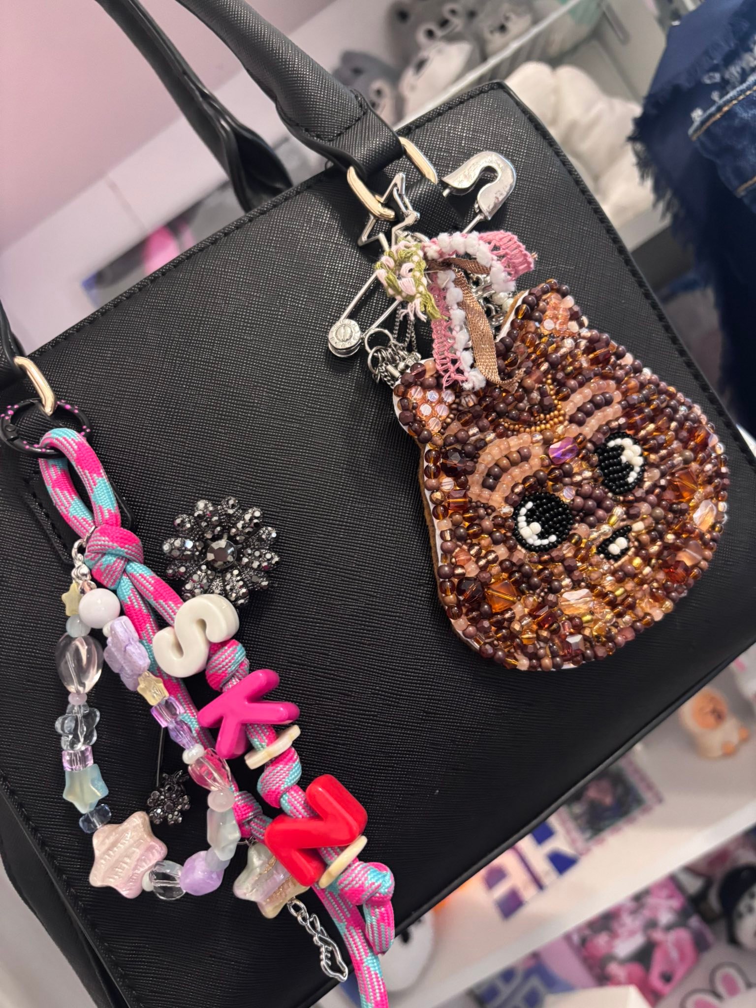 Hand beaded hanbok and chunky letter keychain