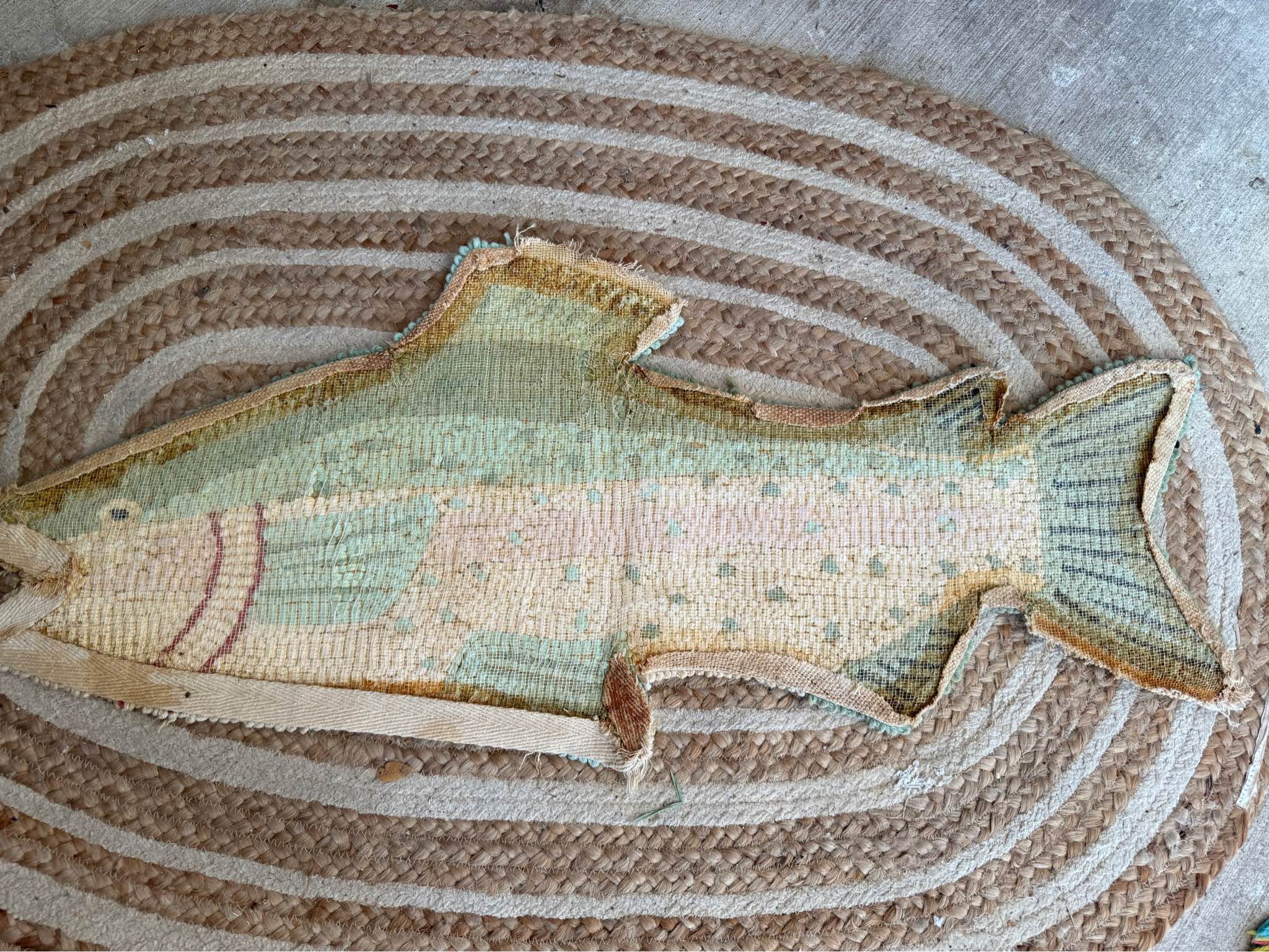Vintage Handmade Hooked Fish Rug 36” – Primitive Folk Art Wool Accent ...