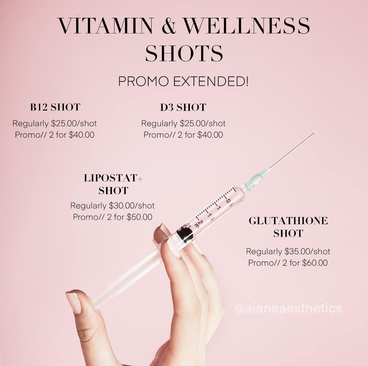 SURPRISE! The vitamin & wellness shot promo has been extended! **offer valid until 08/31/2023 Call now to book🤩 📞 (413) 586-0769, Option 9📲 @aianeaesthetics @paulina_aestheticsrn 📧 aesthetics@aianedocs.com • • • #vitaminshots #wellnessshots #