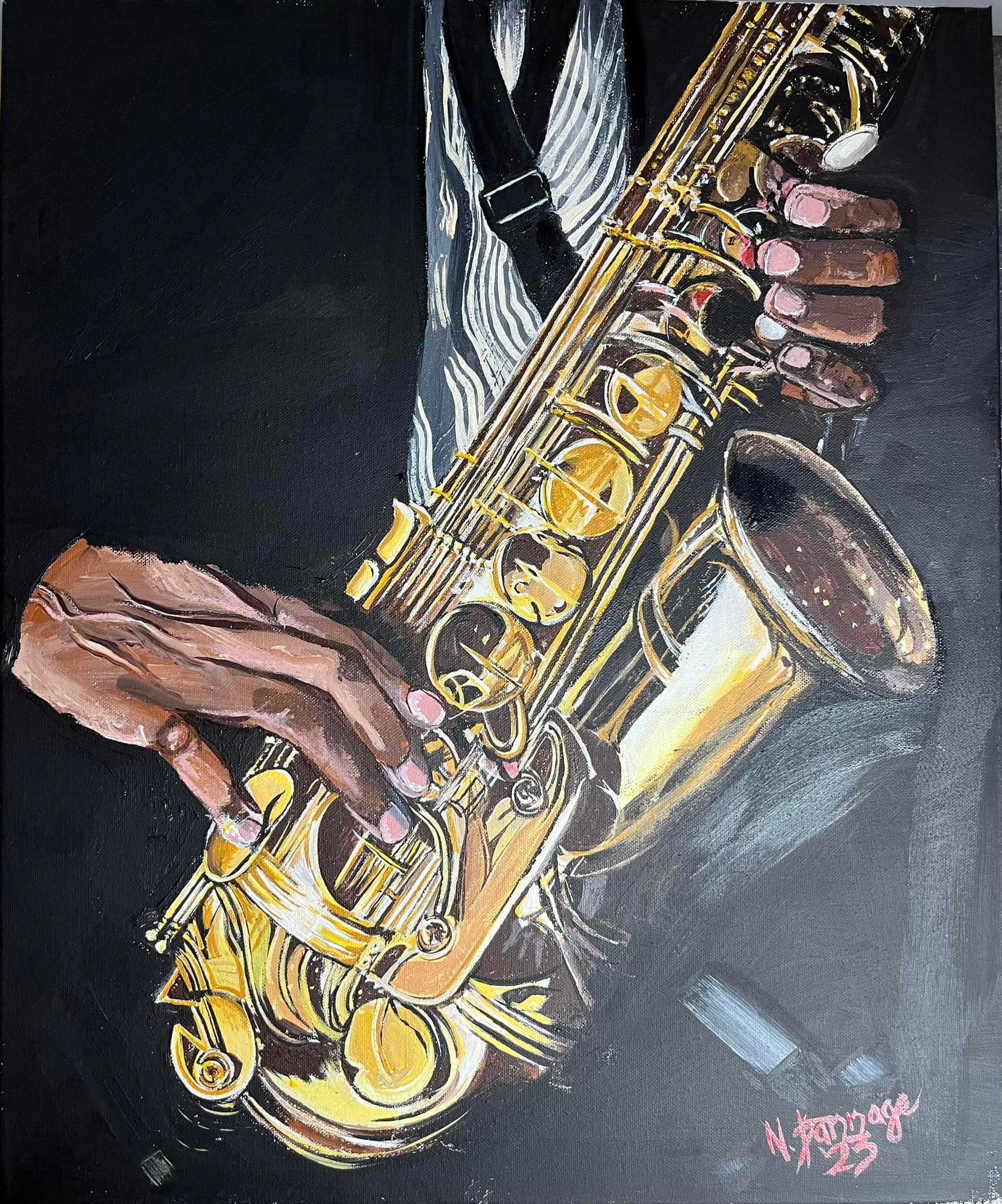 Artist Arthur Wright's jazz-inspired acrylic painting, Woman on Sax
