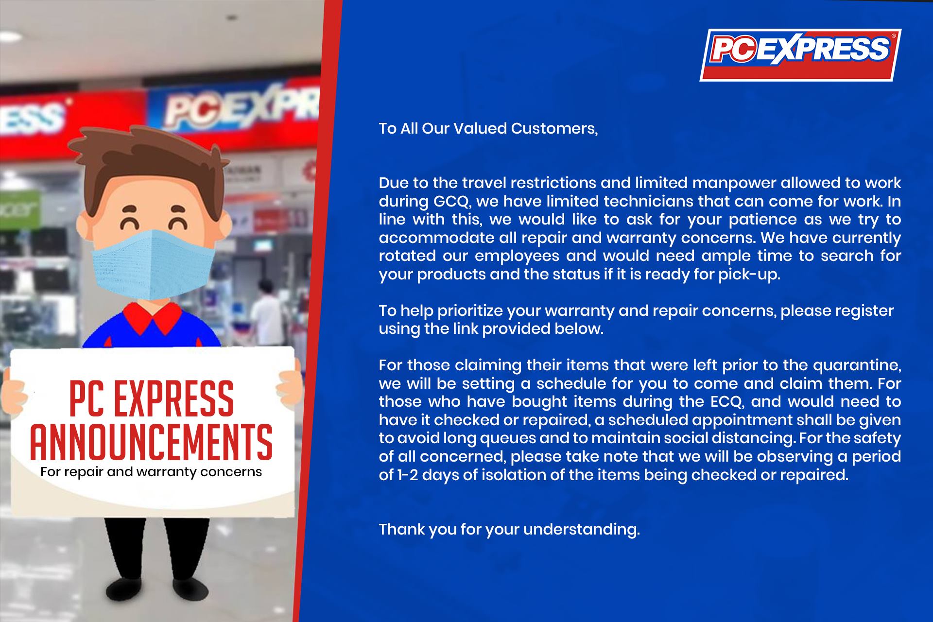 PC Express - To all our valued customers, Due to the...
