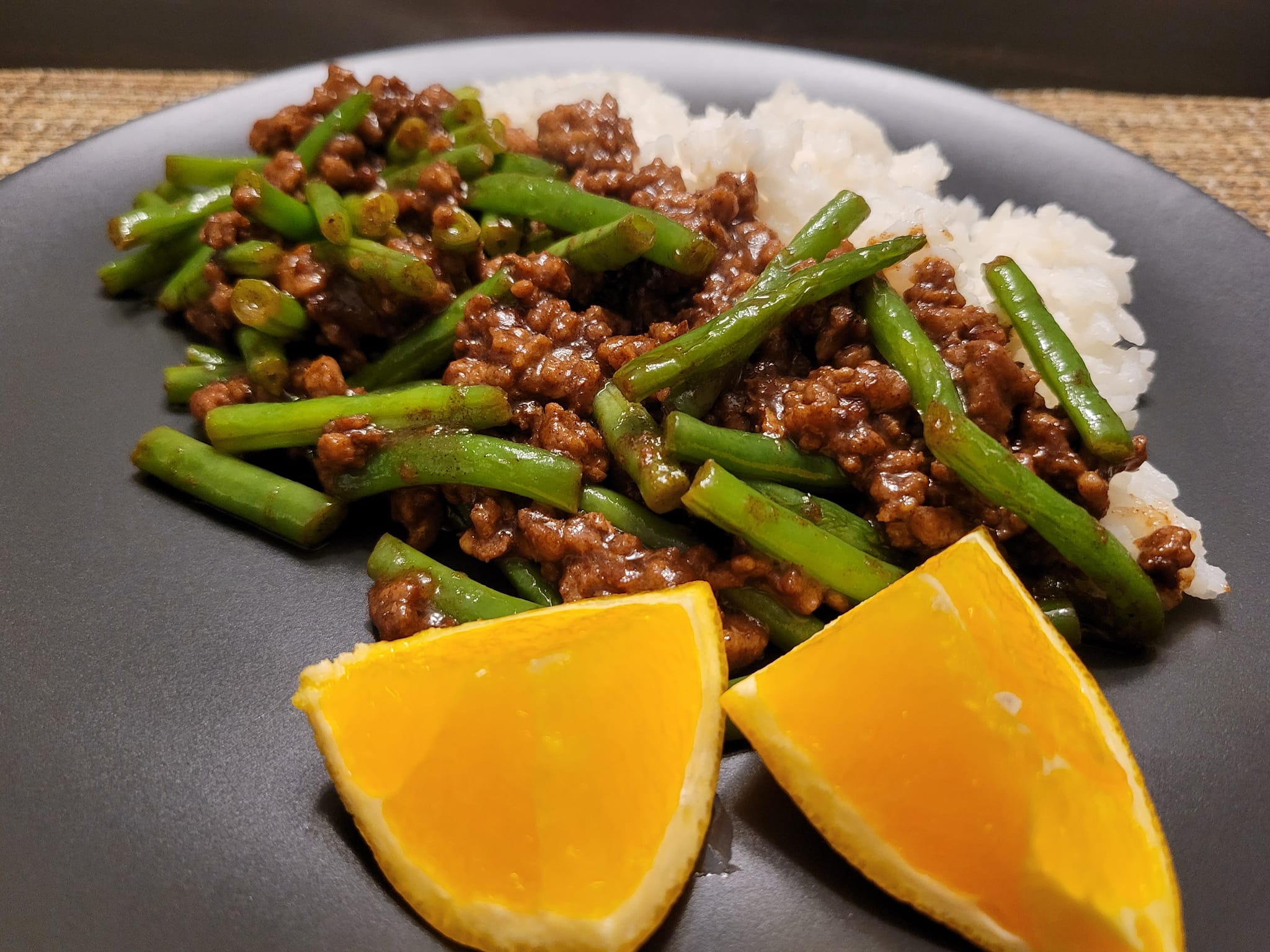 Five spice, soy sauce, and sesame oil pork and green beans. One of