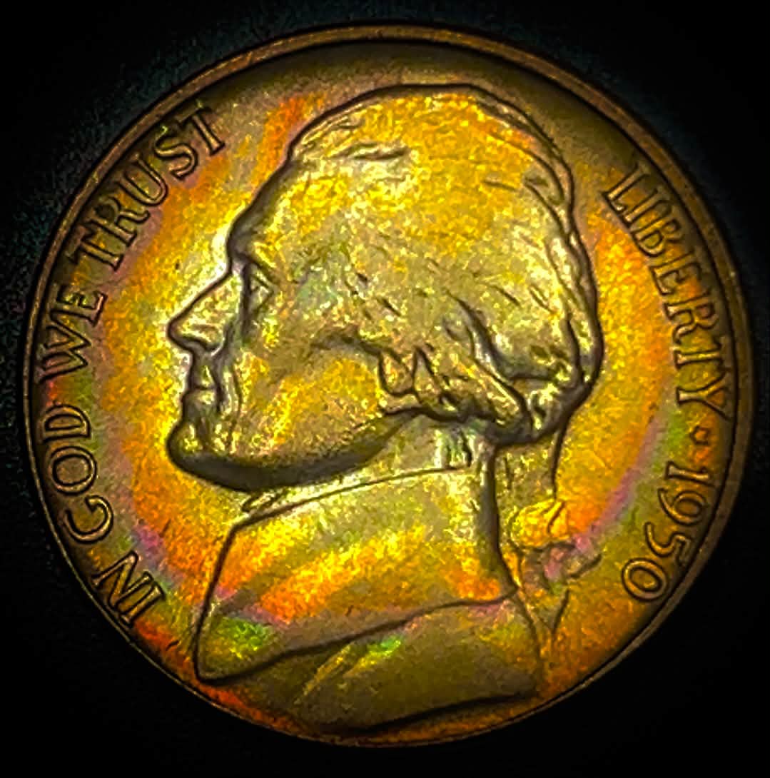 Gorgeous 1950-D Jefferson nickel with toning for collection