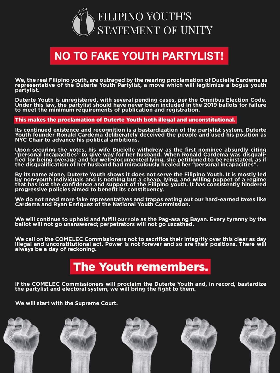 Youth - [PRESS RELEASE] 𝗙𝗜𝗟𝗜𝗣𝗜𝗡𝗢 𝗬𝗢𝗨𝗧𝗛’𝗦 𝗦𝗧𝗔𝗧𝗘𝗠𝗘𝗡𝗧 𝗢𝗙 𝗨𝗡𝗜𝗧𝗬: 𝗡𝗼 𝘁𝗼 𝗙𝗮𝗸𝗲 ...