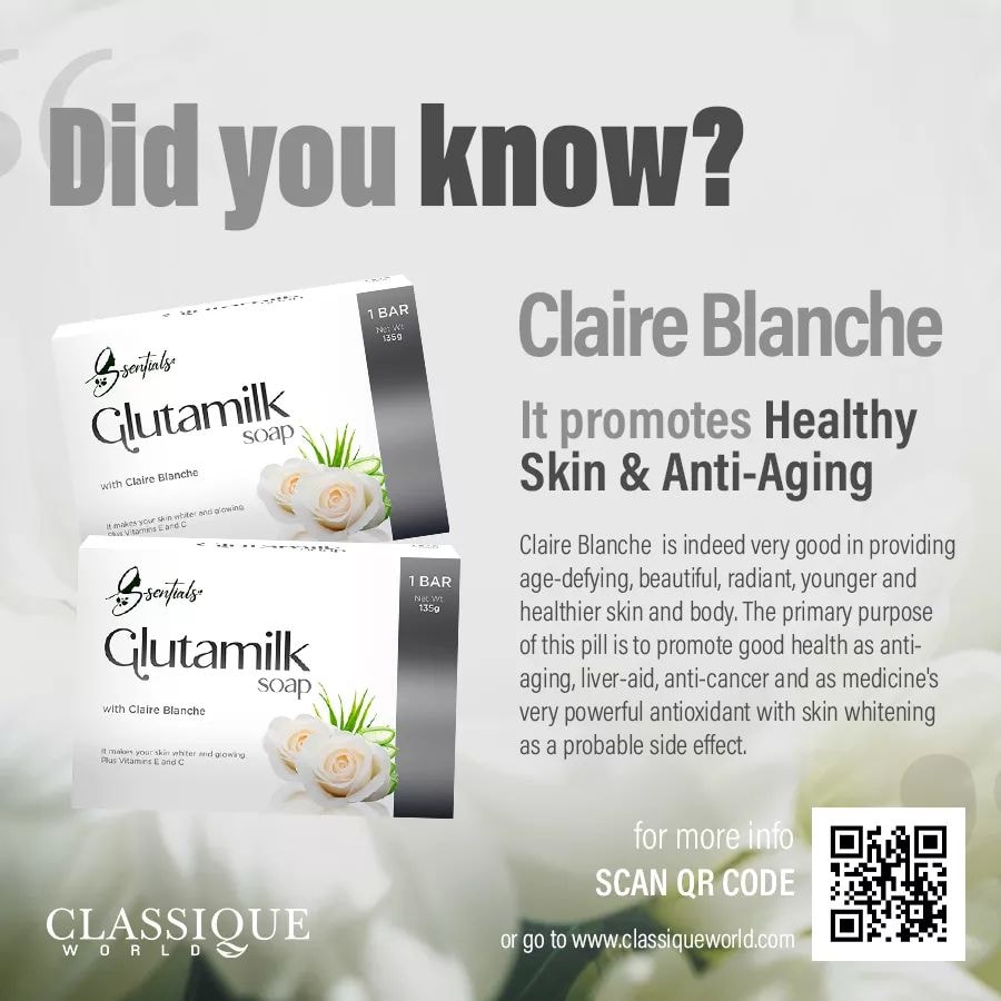 claire blanche glutathione GLUTAMILK SOAP Exclusive soap-formula from extracts best known for its whitening properties; it makes your skin whiter and glowing. Plus the inclusion of Vitamins E and C especially recommended for Body Protective Compound -