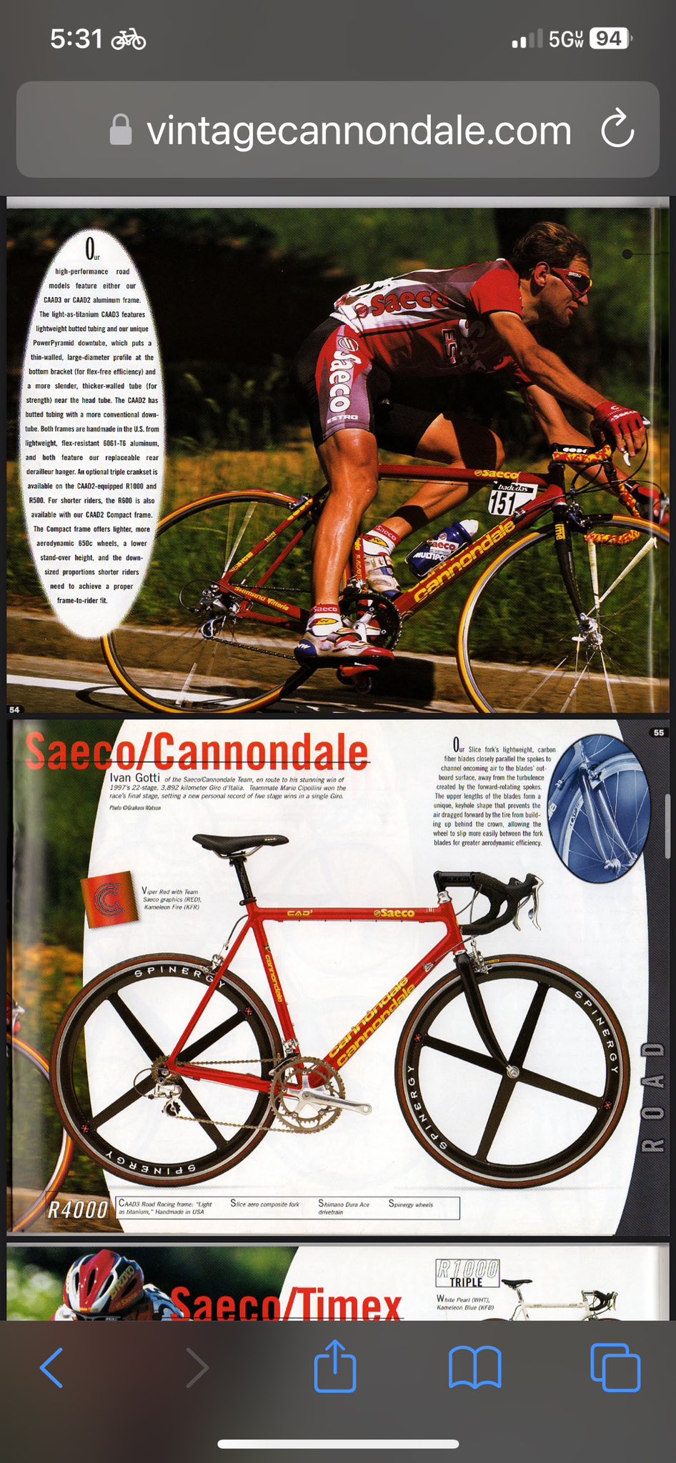 1997 Cannondale CAAD3 Team Saeco Bike NOS with x-light Spinergy's