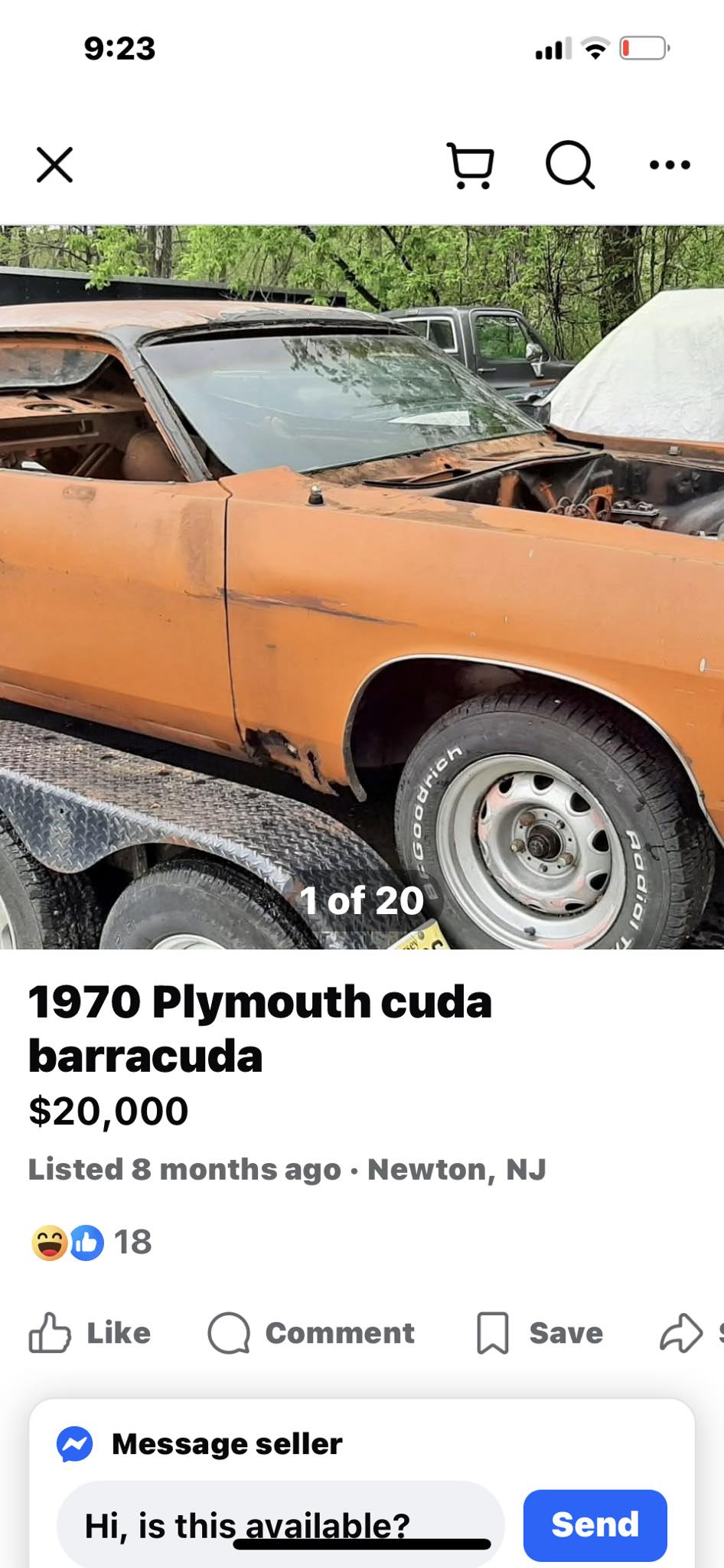 Unsold 1970 orange cuda with numbers engine