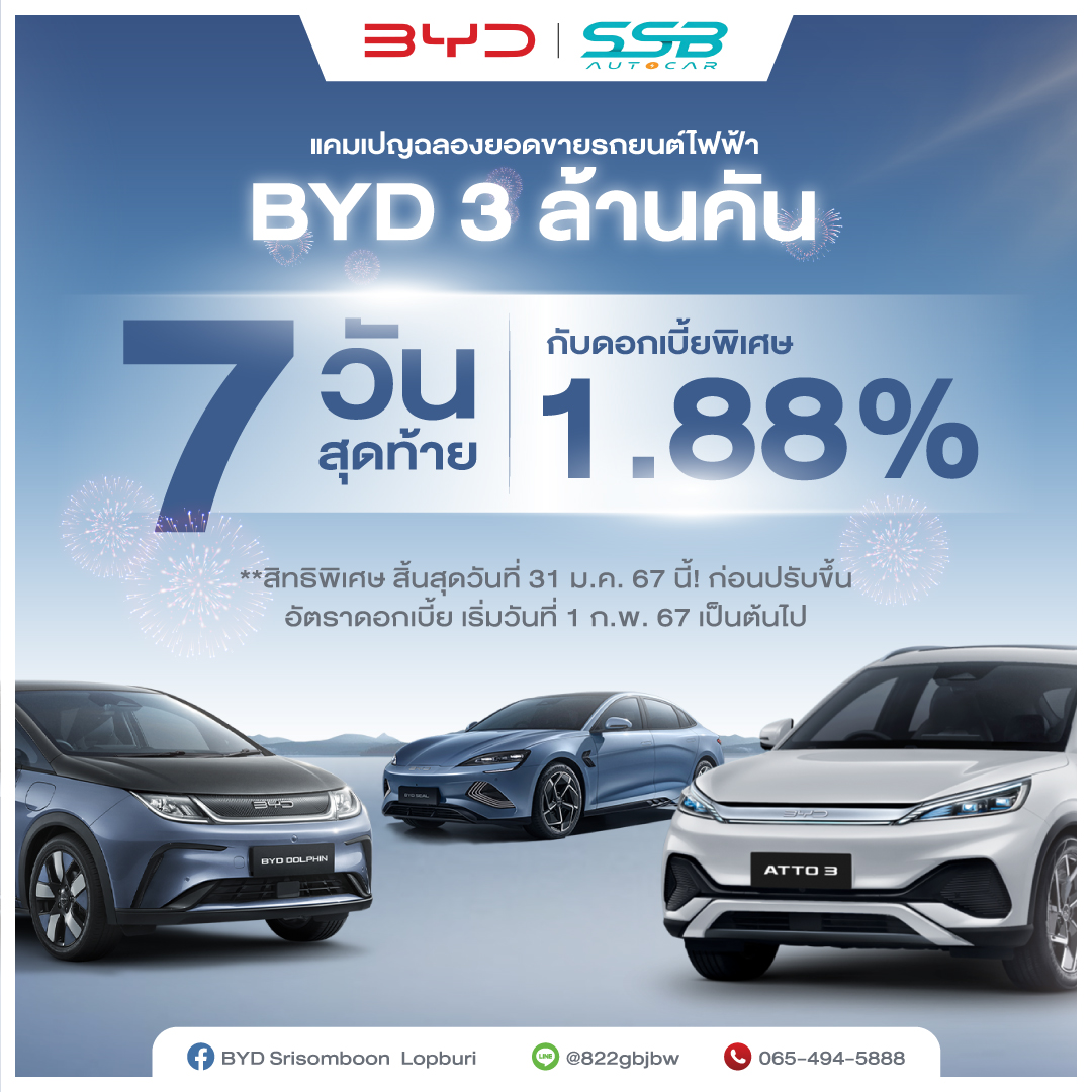 BYD - 7 วันสุดท้าย‼️ กับดอกเบี้ยพิเศษ 1.88%🎉 . ลูกค้า BYD DOLPHIN Home ...