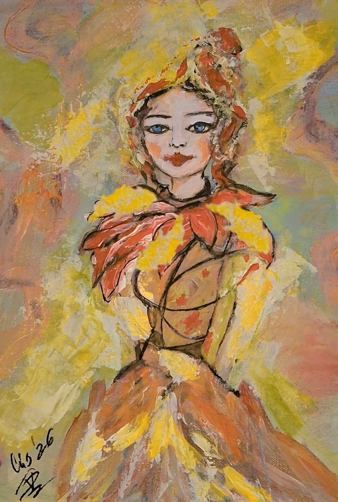 28×35cm-クリル原画 女性の後ろ姿 キャンバスアート 大きなゾウの後ろ姿を中心に、鹿や孔雀が寄り添う、ファンタジックで