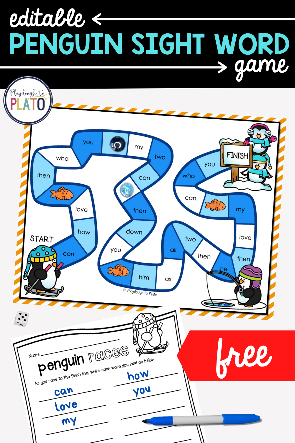 Free Editable Penguin Sight Word... - Playdough to Plato