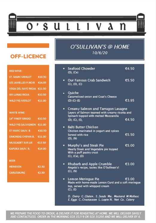 New menu for O'Sullivan @... - O' Sullivans Bar, Crookhaven