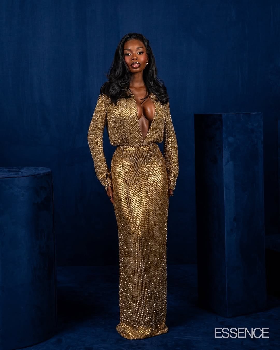 gold hollywood dress olandria wore a @sergiohudsoncollection Resort 2026 long sleeve gown to the ESSENCE Black Women in Awards, styled by @thereismans. Hot! Or Hmm..? 📸: @hellobeautiful / @Getty #OlandriaFBD #olandria #olandriastyle #fashionbombdaily #fbdaily California
