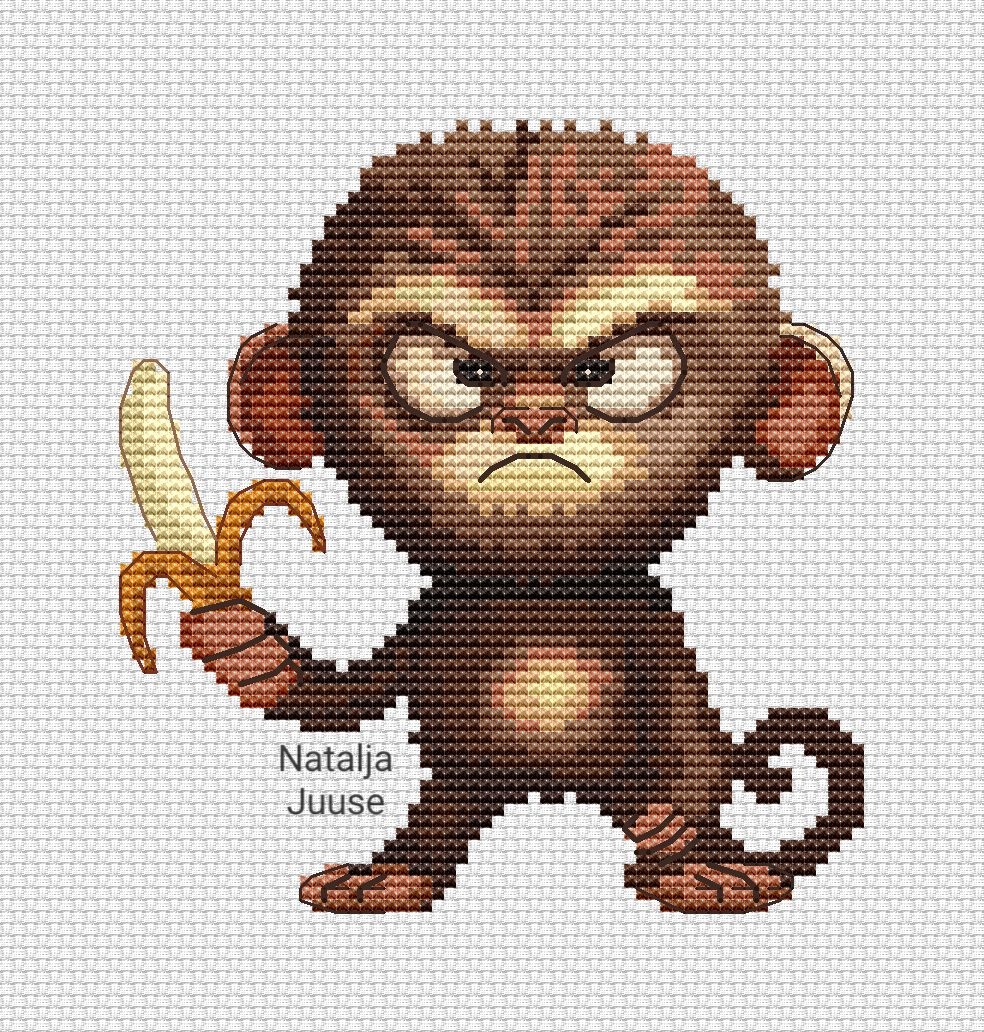 Grumpy monkey cross stitch pattern inspired by banana drama