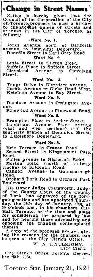 Changes in street names, Toronto Star, January 21, 1924