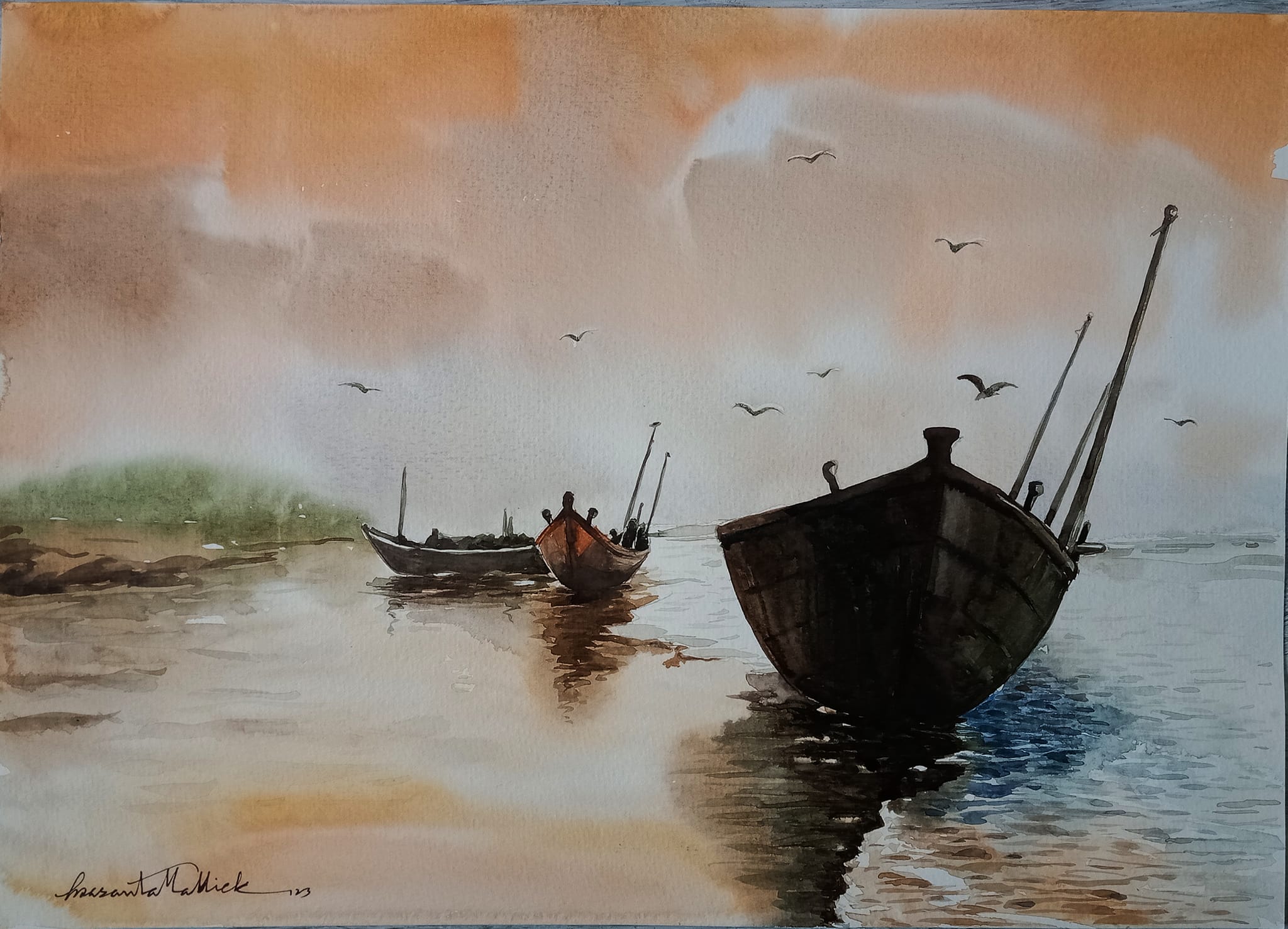 Japanese watercolor painting of the sea