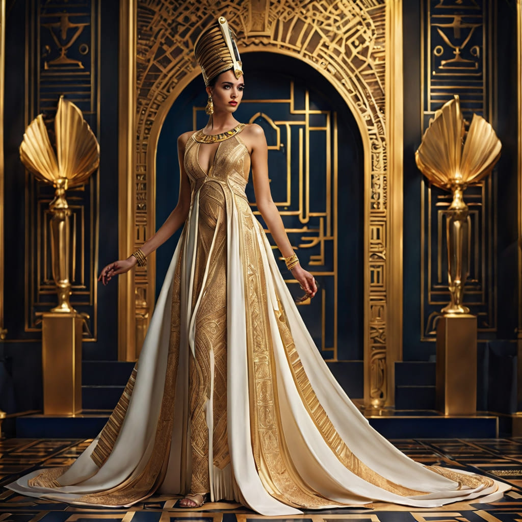 white and gold egyptian dresses 🔥 Cleopatra dress design! 🔥 Look at this enchanting portrait of a gorgeous woman, wearing a sparkling dress, standing confidently in the sumptuous setting of an ornate room. 🌟✨ Her SCH002959_GO_M