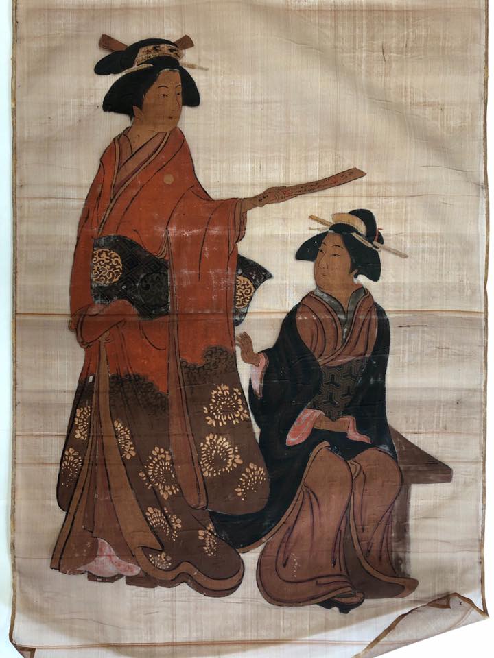 本物の美人、古い和柄図案の紙もの　5面つづり　保管品（昭和頃） 美人図」 無銘 本紙寸法:99.5×41.5㎝ 絹本 大和表装 軸装仕立て直し