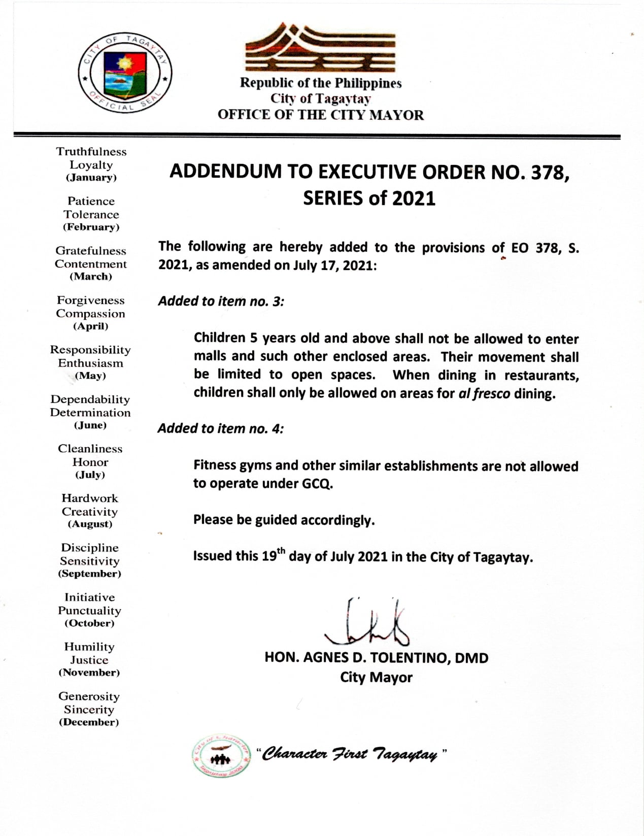ADDENDUM TO EXECUTIVE ORDER... - City Government of Tagaytay | Facebook