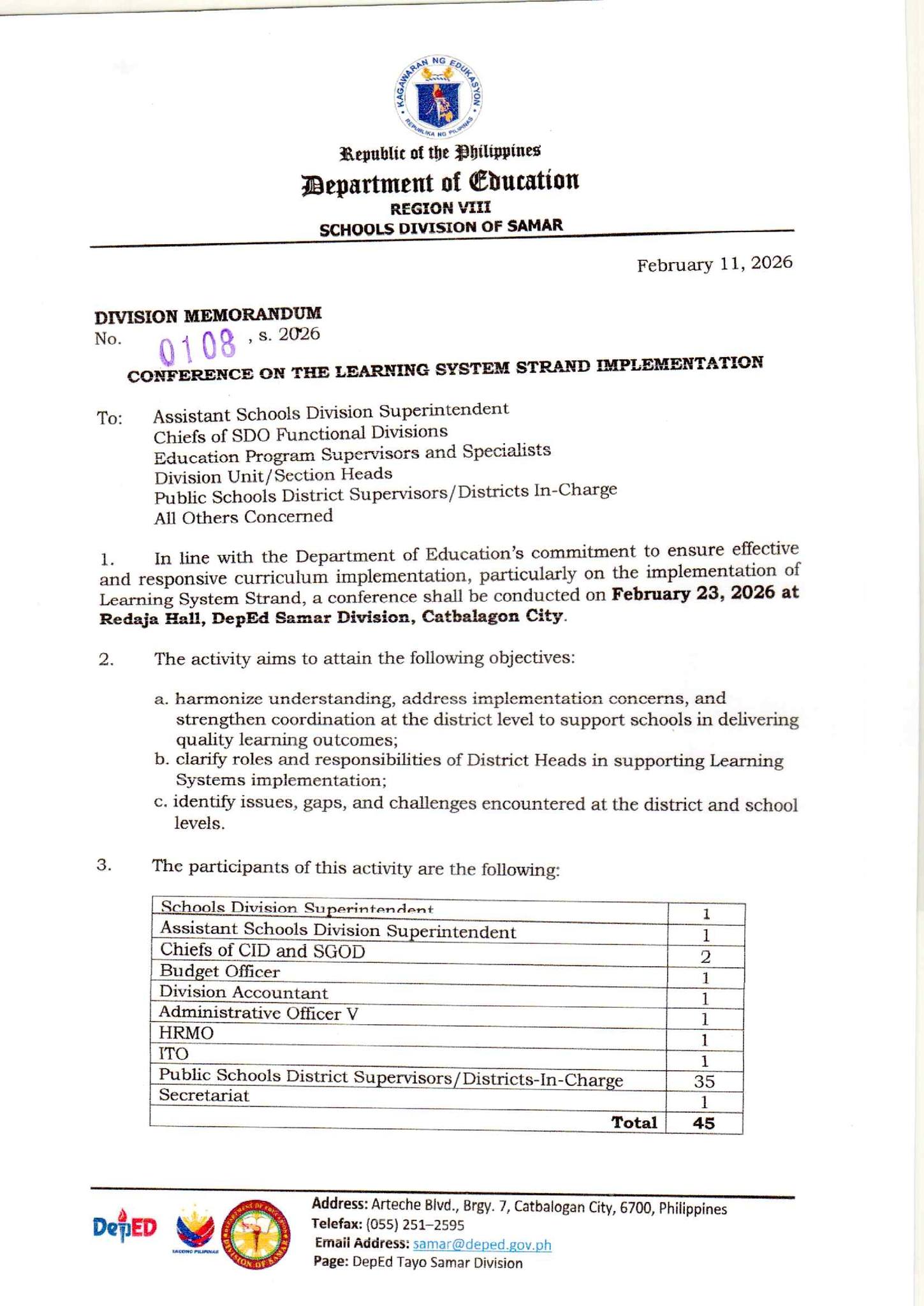 Division Memorandum No. 0108, s. 2026 – CONFERENCE ON THE LEARNING ...