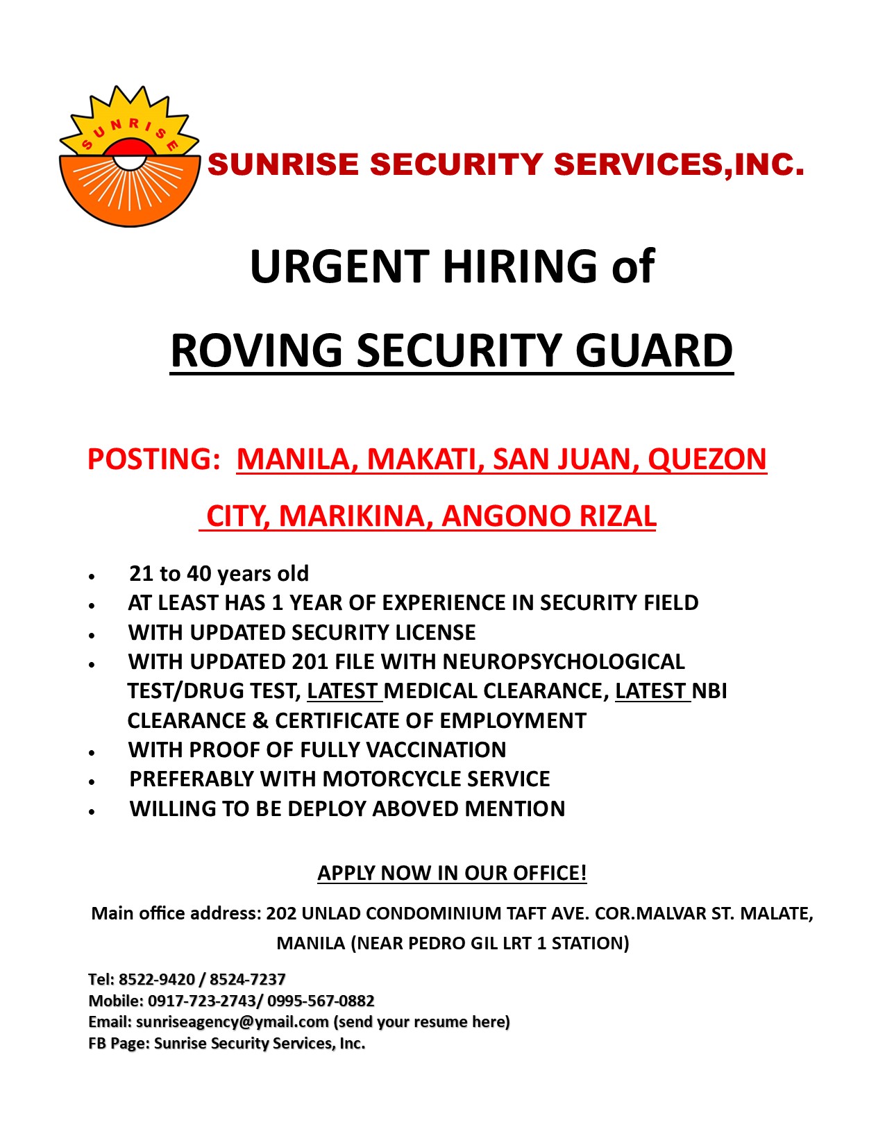 Sunrise - 𝐔𝐑𝐆𝐄𝐍𝐓 𝐇𝐈𝐑𝐈𝐍𝐆!! 𝙋𝙊𝙎𝙏𝙄𝙉𝙂: 𝙍𝙊𝙑𝙄𝙉𝙂 𝙎𝙀𝘾𝙐𝙍𝙄𝙏𝙔 𝙂𝙐𝘼𝙍𝘿 𝙒𝙄𝙏𝙃 ...
