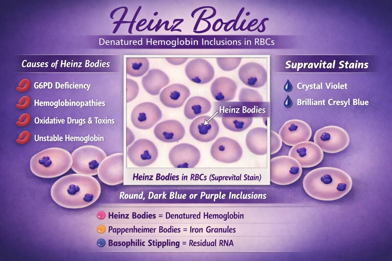 Heinz bodies in red blood cells caused by oxidative damage